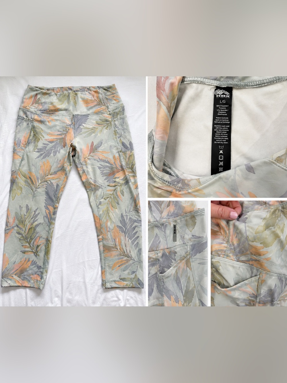RBX Girls' Leaf-Print Cropped Leggings - Sage, Peach & Gray